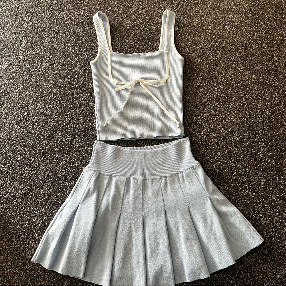 Light Blue Pleated Skirt and tank set. Like new - Picture 2 of 13